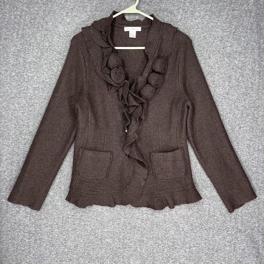 Susan Bristol Wool Cardigan Brown Rose Ruffle Women's M Sweater Jacket Blazer